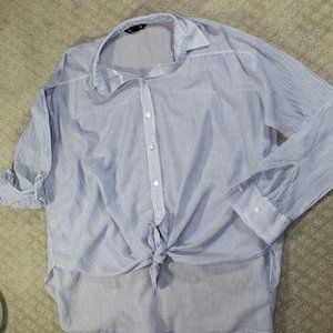 Express Light Blue & White Pinstripe Button-Up Tie-Front Blouse